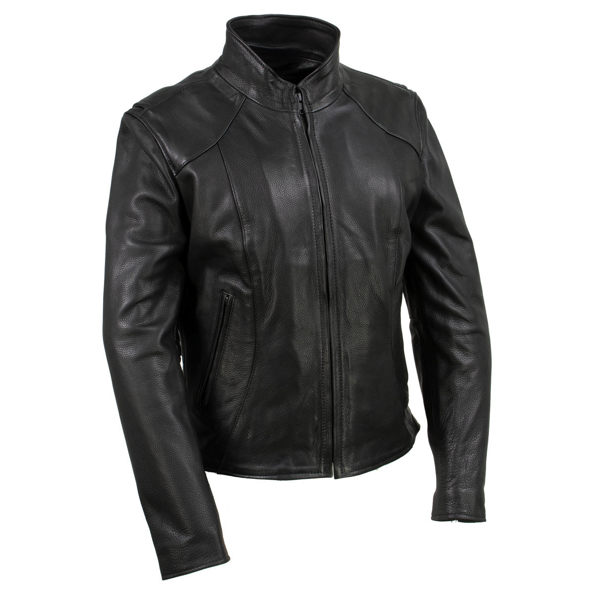 Black women's leather jacket from Hot Leathers' Serene collection, featuring a clean cut premium leather design.