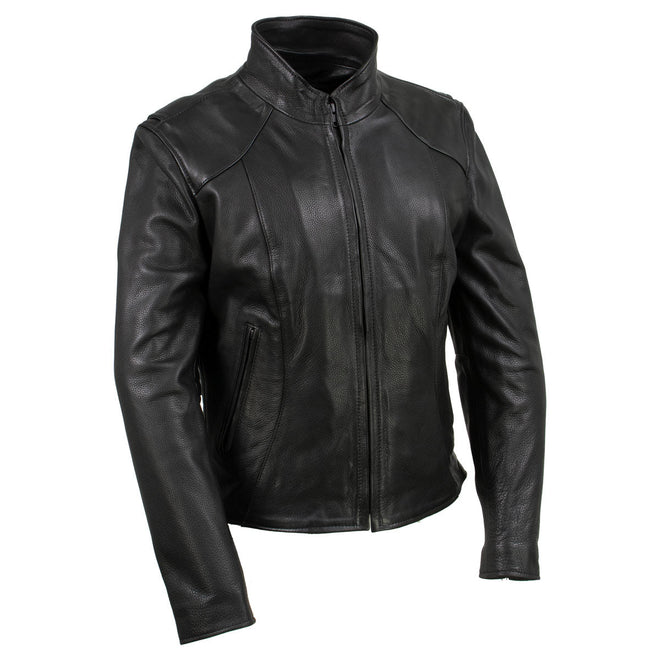 Black women's leather jacket from Hot Leathers' Serene collection, featuring a clean cut premium leather design.