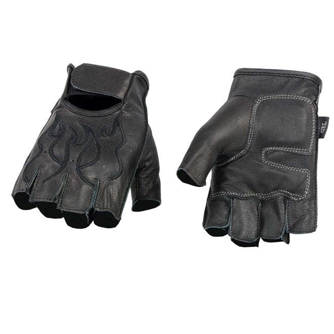 Milwaukee Leather men's black leather fingerless motorcycle gloves with gel padding and black flame embroidery.