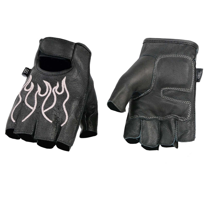 Milwaukee Leather pink women's fingerless motorcycle gloves with black leather, gel padding, and pink flame embroidery.