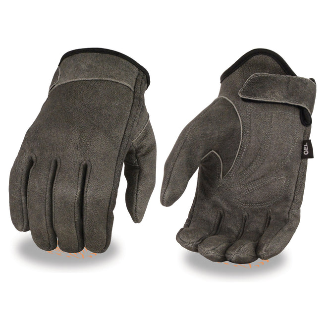 Milwaukee Leather men's grey leather motorcycle gloves with gel-padded palms and full panel cover, short wrist design.