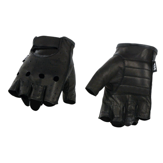 Milwaukee Leather men's black perforated leather motorcycle gloves with gel padding, open knuckle design, fingerless style.