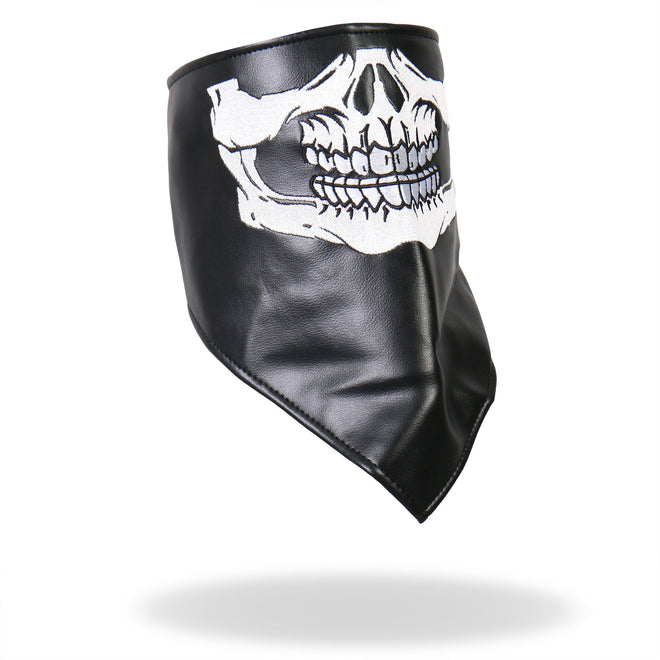 Black leather skull neck warmer with fleece lining, designed for face and neck protection by Hot Leathers.