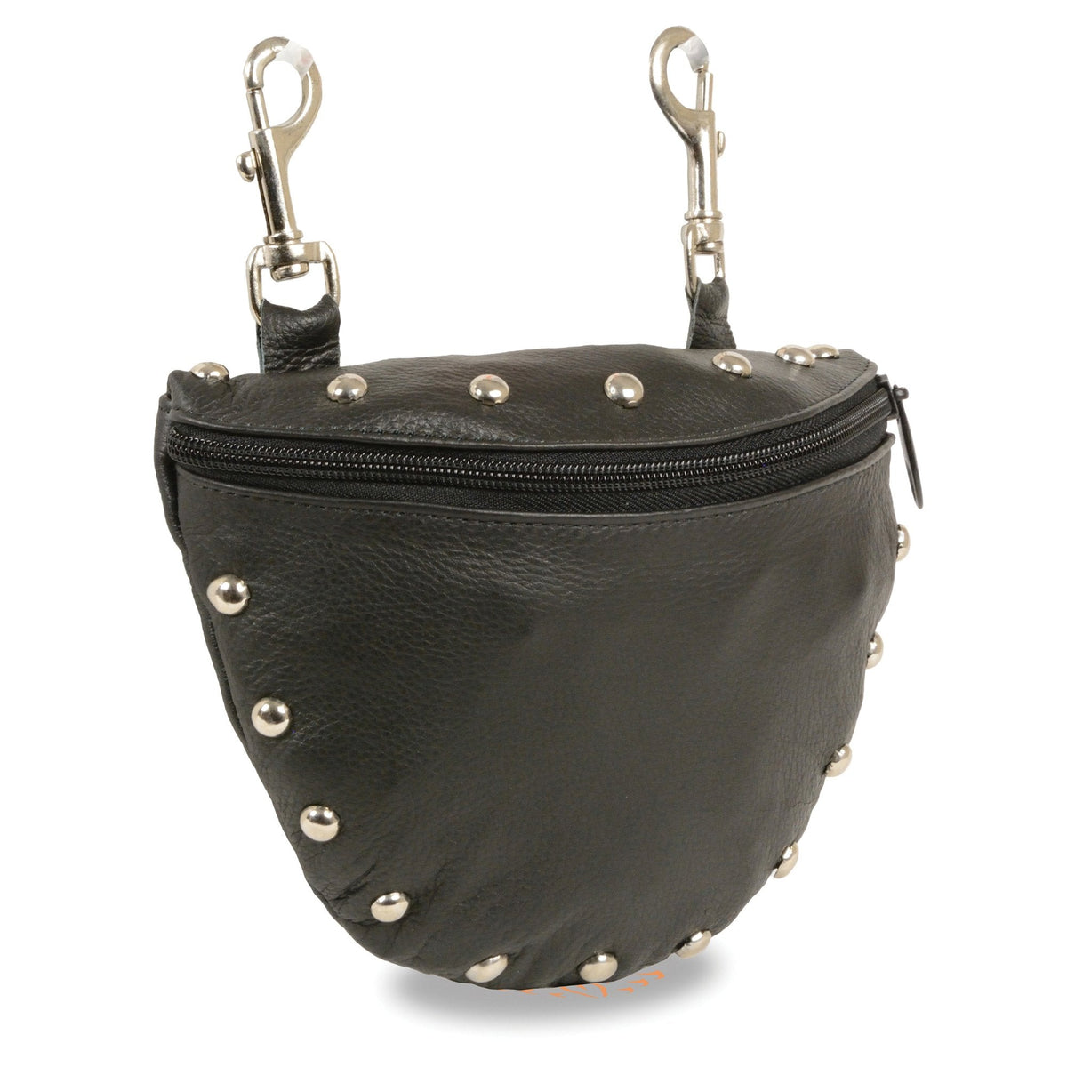 Milwaukee Leather women's black leather studded belt bag with belt clasps, featuring a compact design and stylish studded details.