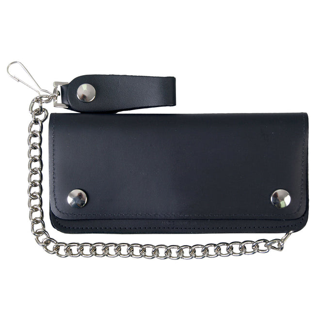 Hot Leathers leather wallet with chain, 5-pocket bi-fold design, showcasing durable leather and attached metal chain.