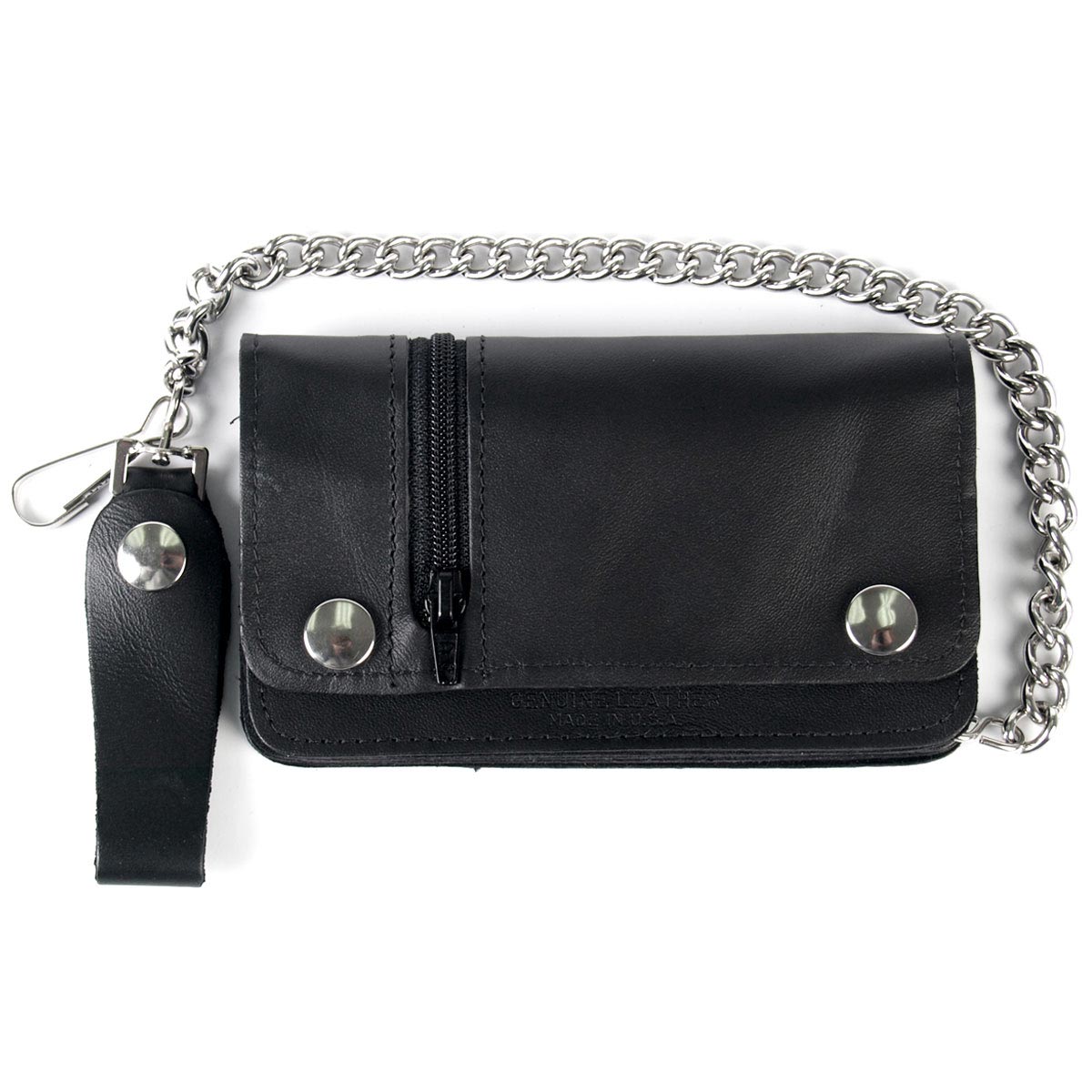 Hot Leathers leather bifold wallet with zipper, featuring five pockets and chain attachment for secure, stylish storage.