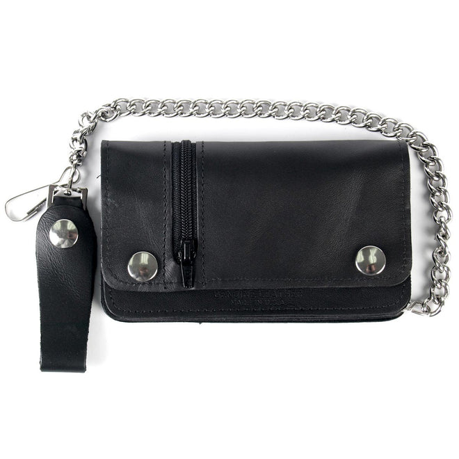Hot Leathers leather bifold wallet with zipper, featuring five pockets and chain attachment for secure, stylish storage.