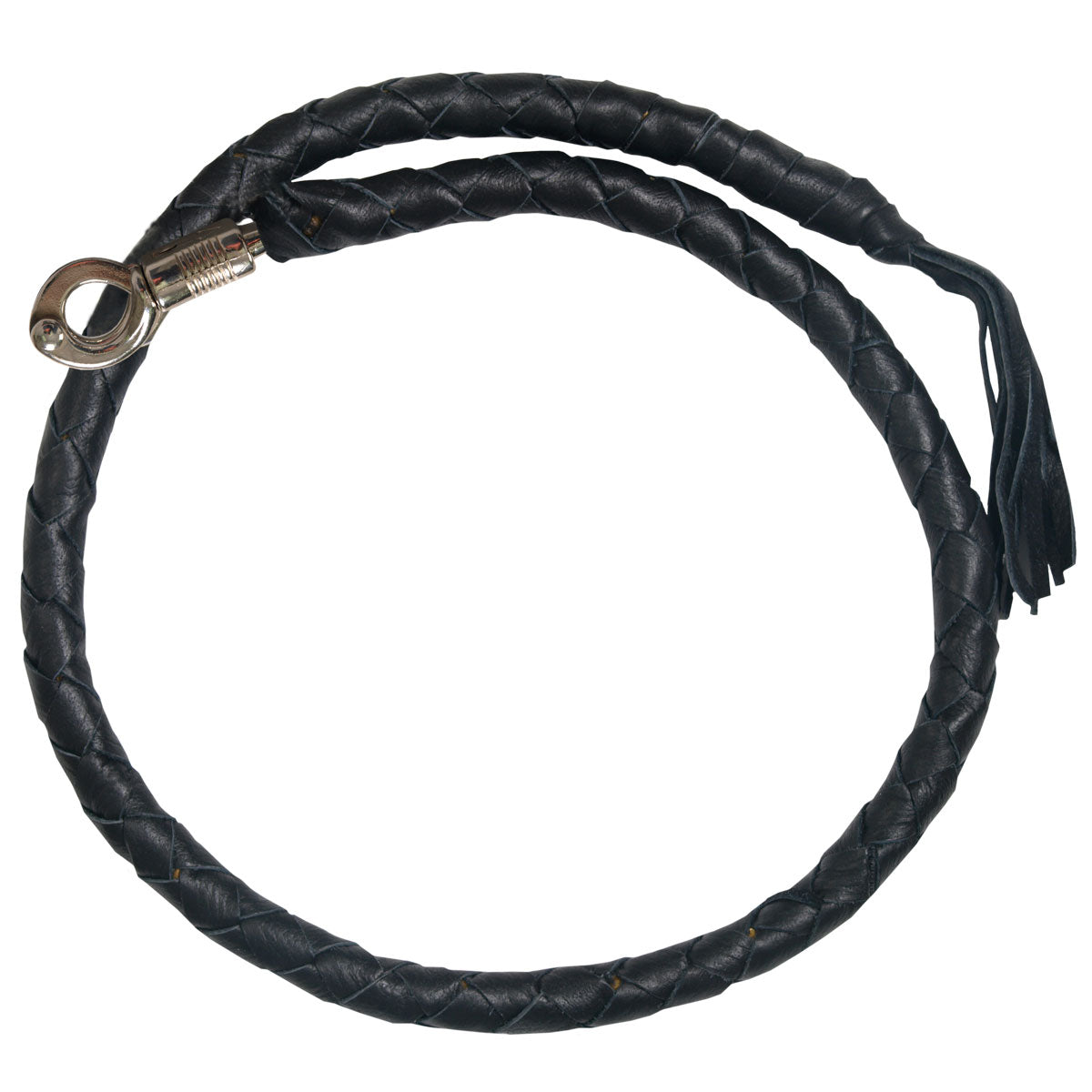 Hot Leathers Get Back genuine black leather whip, durable and flexible, with a textured handle and polished leather finish.