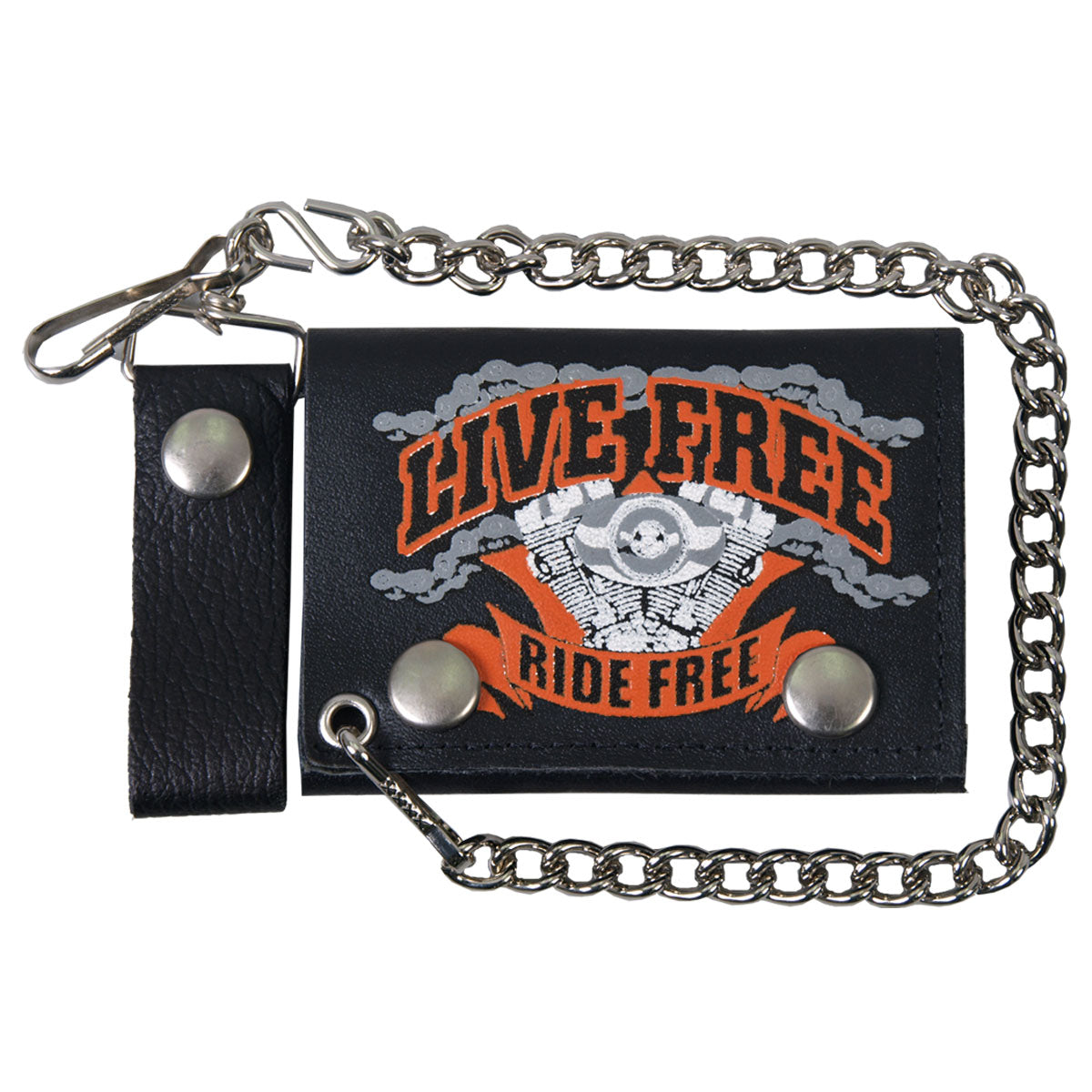 Hot Leathers Live Free black leather wallet with chain, featuring rugged design and multiple card slots, perfect for motorcycle enthusiasts.
