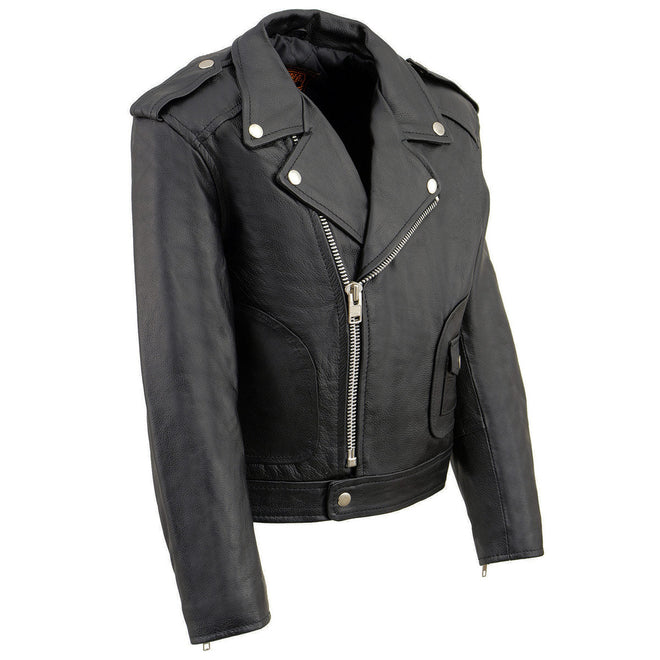 Milwaukee Leather boy's black classic leather biker jacket with patch pockets, designed for kids' stylish outdoor wear.