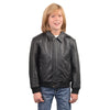 Milwaukee Leather youth size black leather bomber jacket with ribbed cuffs and collar, front zipper, and side pockets.
