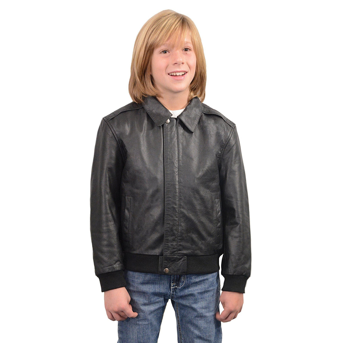 Milwaukee Leather youth size black leather bomber jacket with ribbed cuffs and collar, front zipper, and side pockets.