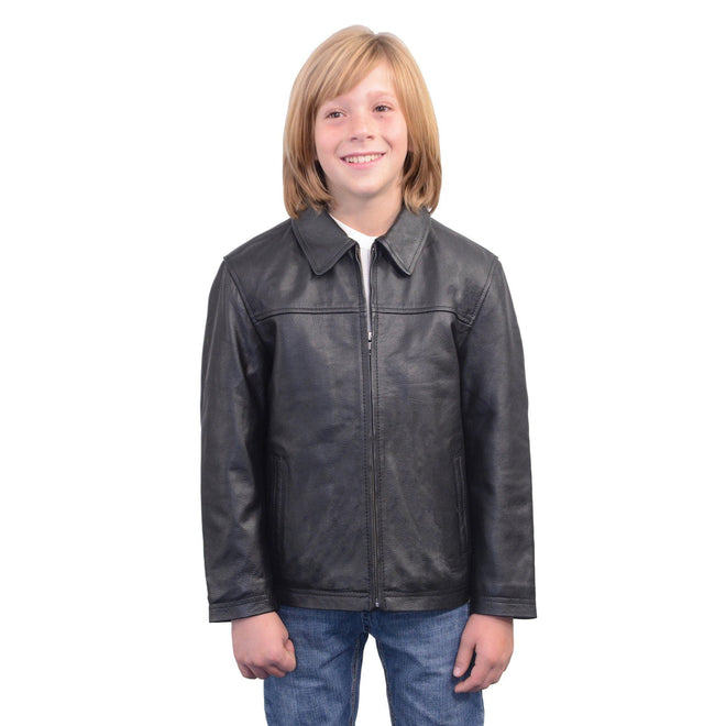 Milwaukee Leather youth black leather jacket with front zipper, designed for kids, featuring stylish JD style and durable leather material.