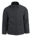 Milwaukee Leather Kids black waterproof lightweight soft shell jacket, shown with hood and front zipper, suitable for children.