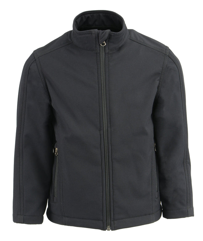 Milwaukee Leather Kids black waterproof lightweight soft shell jacket, shown with hood and front zipper, suitable for children.