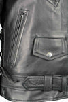 Milwaukee Leather women's black leather police style jacket with side laces, featuring a classic design and sturdy construction.
