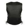 Milwaukee Leather women's black leather motorcycle vest with side laces, V-neck, round design, and four-snap closure.