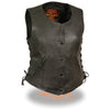 Milwaukee Leather women’s black leather motorcycle vest with side laces, round V-neck, and four-snap closure.