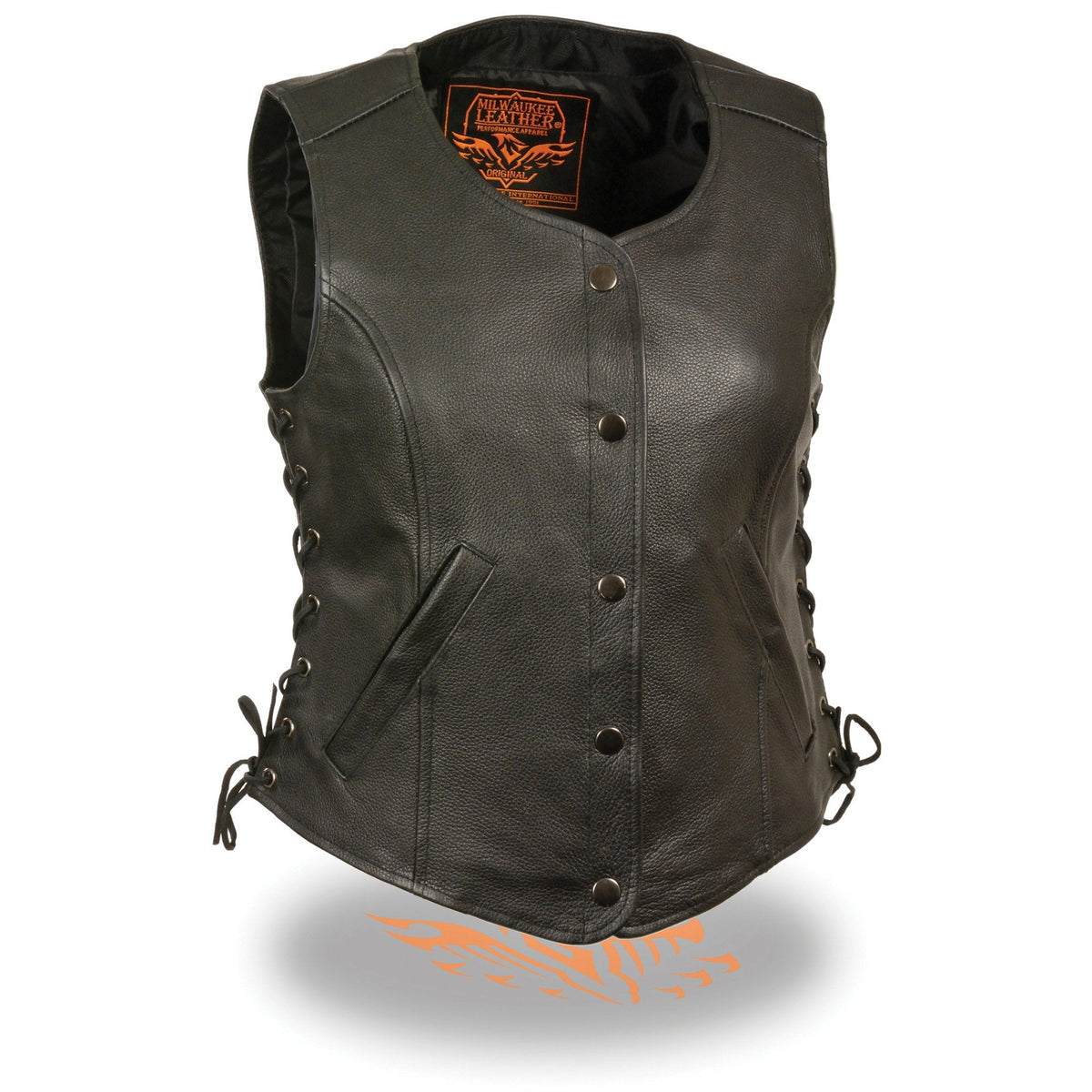 Milwaukee Leather women’s black leather motorcycle vest with side laces, round V-neck, and four-snap closure.
