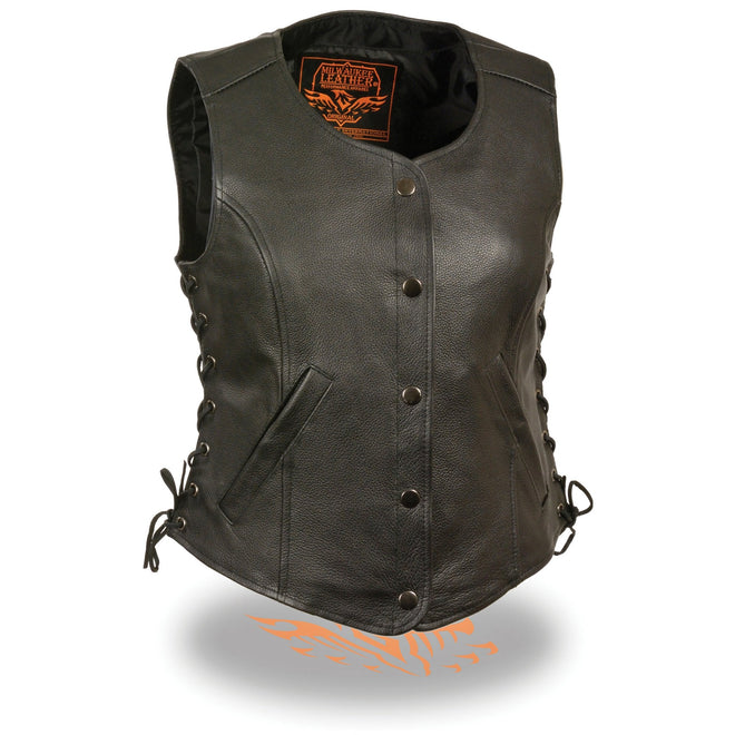 Milwaukee Leather women’s black leather motorcycle vest with side laces, round V-neck, and four-snap closure.