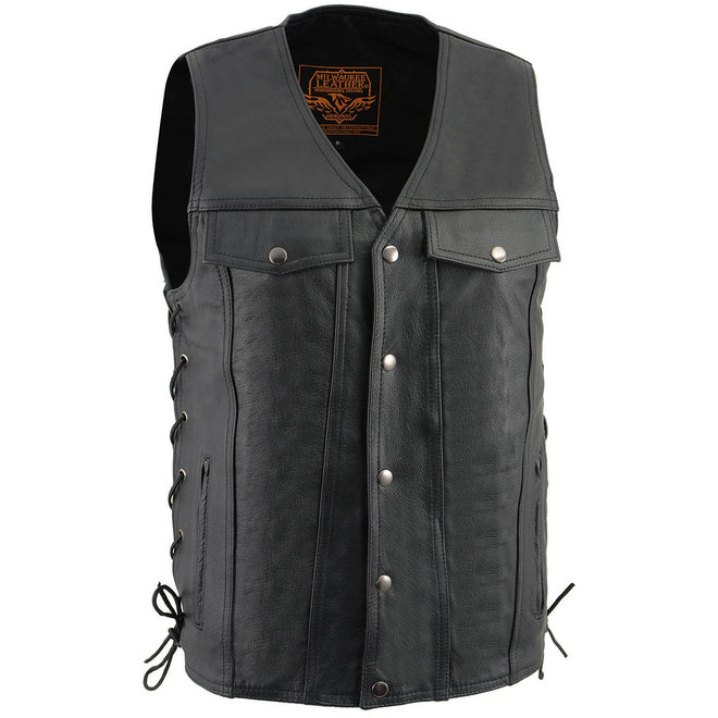 Milwaukee Leather men's black leather V-neck motorcycle rider vest with snaps and side laces, featuring a classic design.