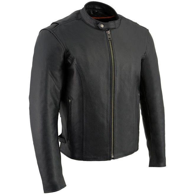 Milwaukee Leather men's black scooter-style motorcycle jacket with removable thermal liner, featuring classic design and leather construction.