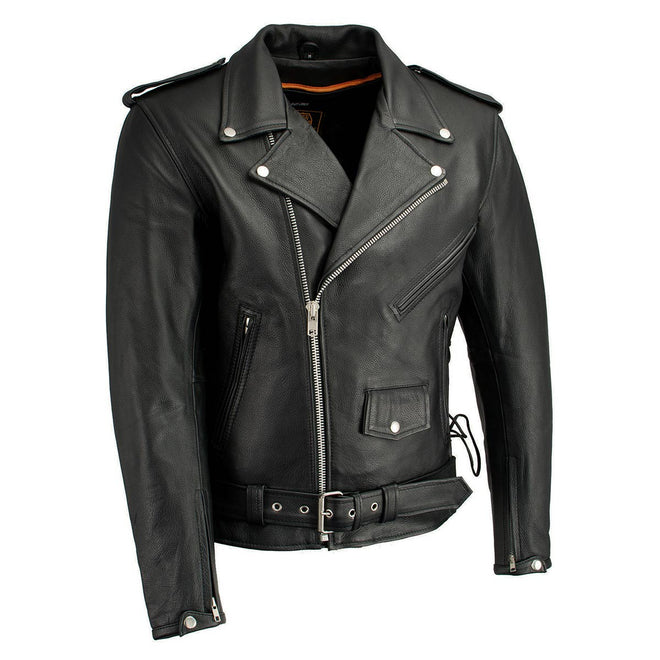 Milwaukee Leather men's black leather motorcycle jacket with police style design, side lace detailing, and thick construction.