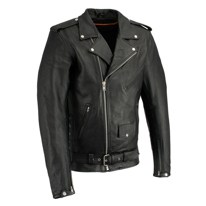 Milwaukee Leather men's black tall-size police style leather jacket with side laces, designed for a rugged, stylish look.