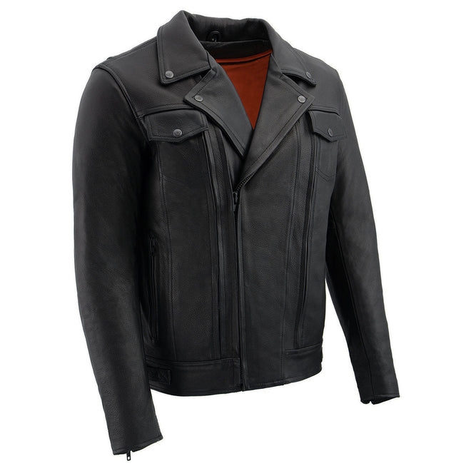 Milwaukee Leather Men’s Black Pistol Pete Motorcycle Jacket with vented panels and utility pockets in tall sizes.