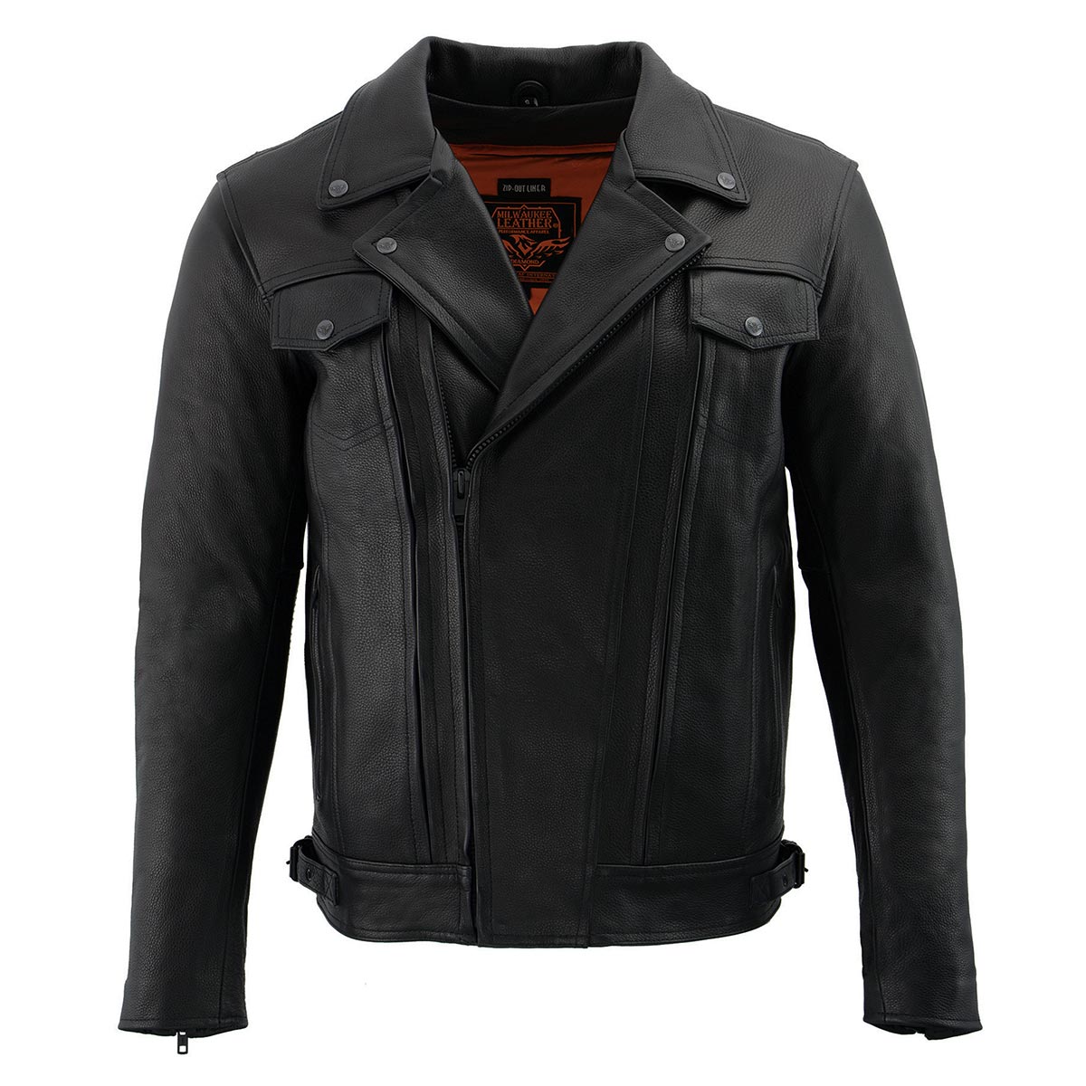 Milwaukee Leather men's black Pistol Pete motorcycle vented leather jacket with multi-utility pockets, front zipper, and stylish design.