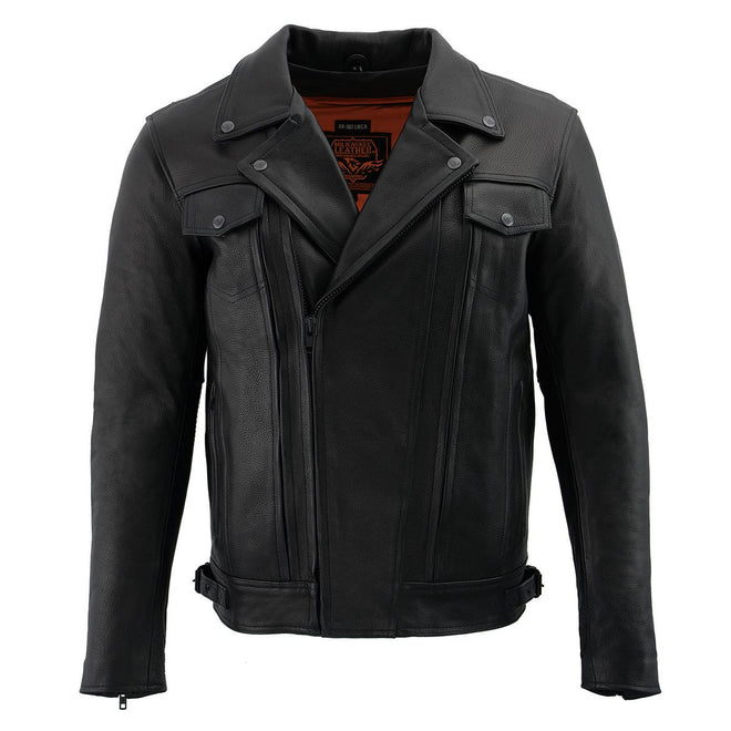 Milwaukee Leather men's black Pistol Pete motorcycle vented leather jacket with multi-utility pockets, front zipper, and stylish design.