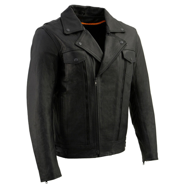 Milwaukee Leather men's black motorcycle jacket with utility pockets, made of durable leather, designed for riding and casual wear.