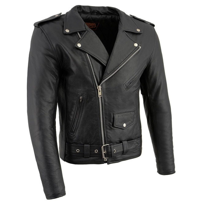 Milwaukee Leather men's black police style motorcycle jacket with quilted liner, classic design and durable leather construction.