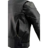 Milwaukee Leather men's black scooter style motorcycle jacket with side stretch panels and reflective piping, shown on a hanger.