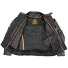 Milwaukee Leather men's black leather motorcycle jacket with side stretch and reflective piping, designed for scooter-style riding.