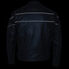 Milwaukee Leather men's black leather motorcycle jacket with reflective piping and side stretch for scooter riding style.