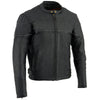Milwaukee Leather men's black scooter-style motorcycle jacket with side stretch and reflective piping, designed for riding comfort.