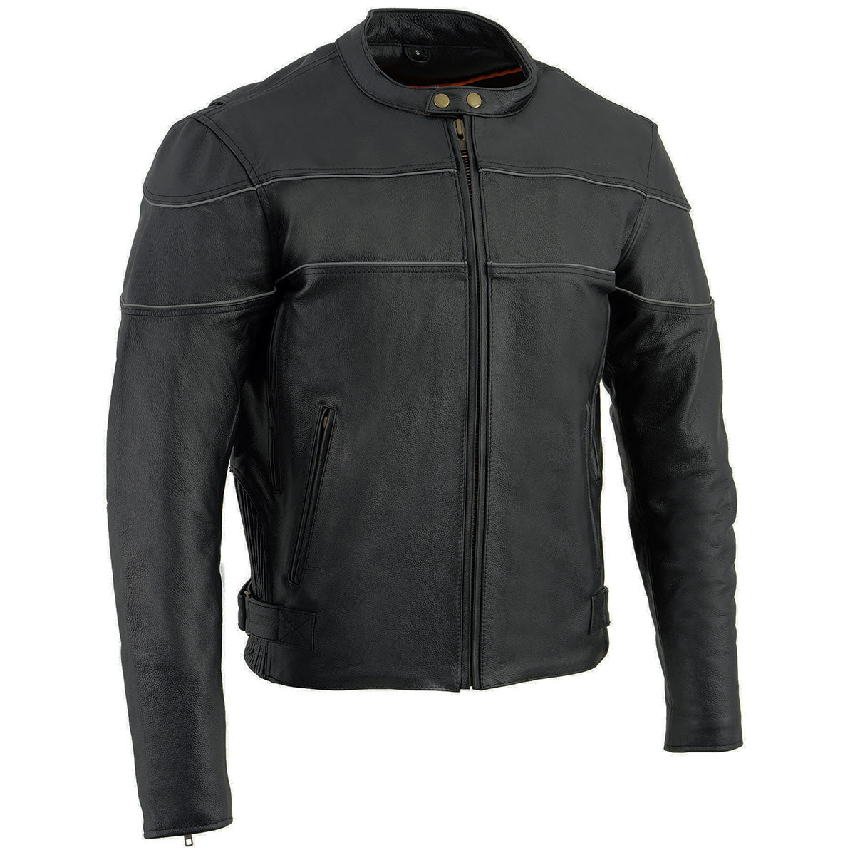 Milwaukee Leather men's black scooter-style motorcycle jacket with side stretch and reflective piping, designed for riding comfort.