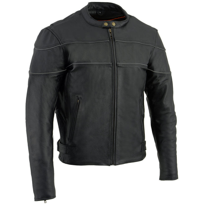 Milwaukee Leather men's black scooter-style motorcycle jacket with side stretch and reflective piping, designed for riding comfort.