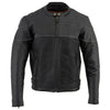 Milwaukee Leather men's black leather motorcycle jacket with side stretch and reflective piping, designed for scooter riding.