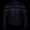 Milwaukee Leather men's black leather motorcycle jacket with side stretch panels and reflective piping, designed for scooter style riding.