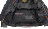 Milwaukee Leather men's black leather motorcycle jacket with reflective piping and side stretch for a scooter style design.
