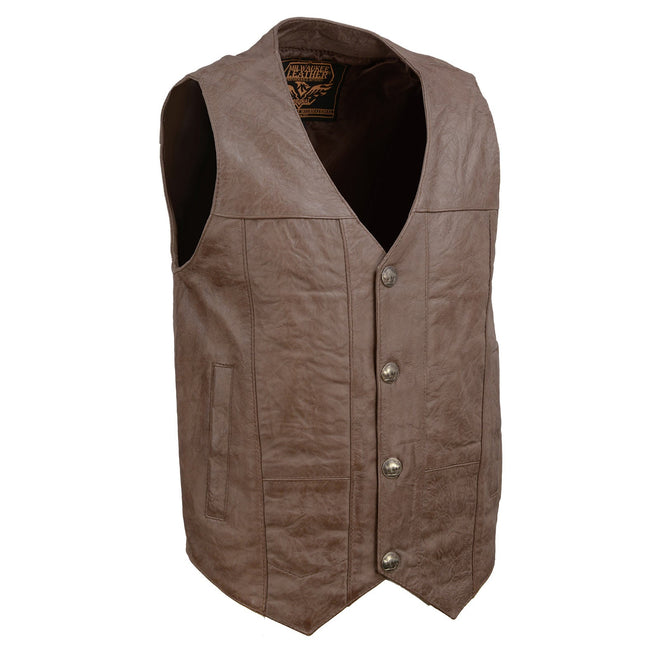 Milwaukee Leather men's brown leather V-neck western motorcycle vest with buffalo snap closures, featuring a classic Western style.