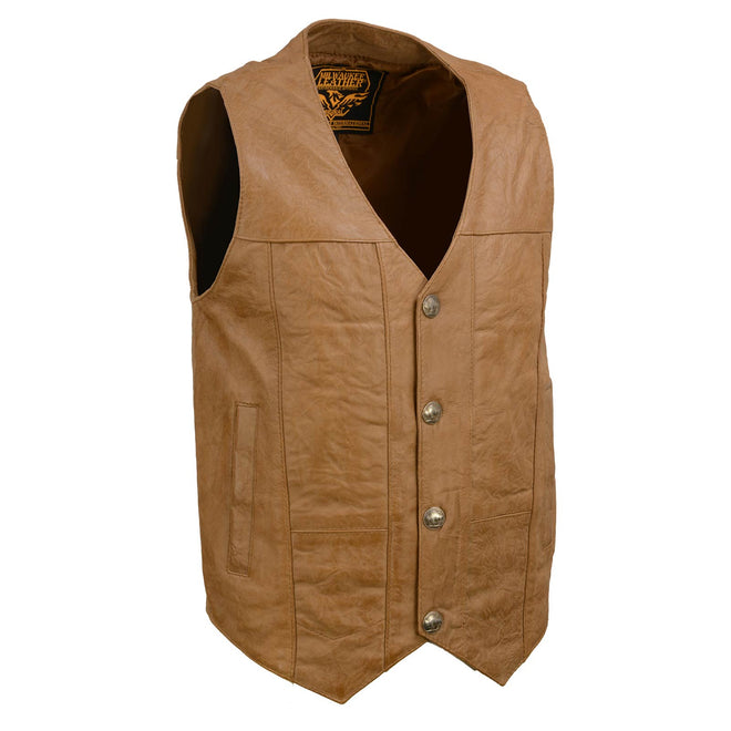Milwaukee Leather men's saddle leather western-style motorcycle vest with V-neck and buffalo snap closures, featuring classic design details.