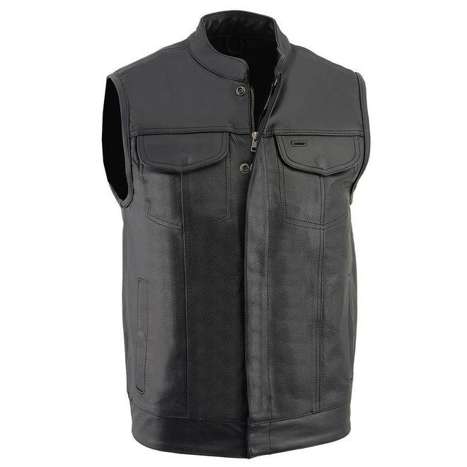 Milwaukee Leather men's black leather motorcycle rider vest with dual zipper and snap closures, club style design.