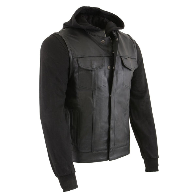 Milwaukee Leather men's black 2-in-1 zipper vest with full sleeve hoodie and quick-draw pocket, stylish club style vest.