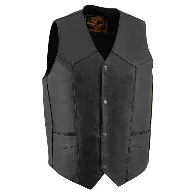 Milwaukee Leather Men's black leather western-style motorcycle rider vest with V-neck and front snap closure.