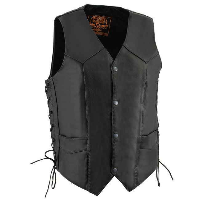 Milwaukee Leather men's black leather vest with side laces, V-neck style, front snap closure, designed for motorcycle riders.