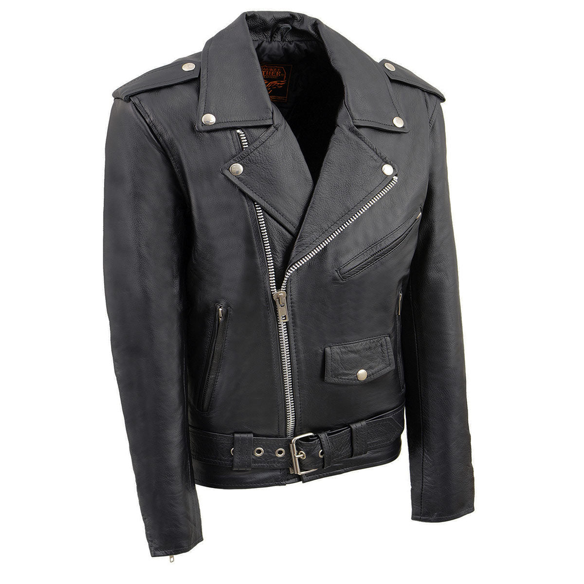 Black Milwaukee Leather youth biker leather jacket with classic style, featuring police-inspired design and durable construction.