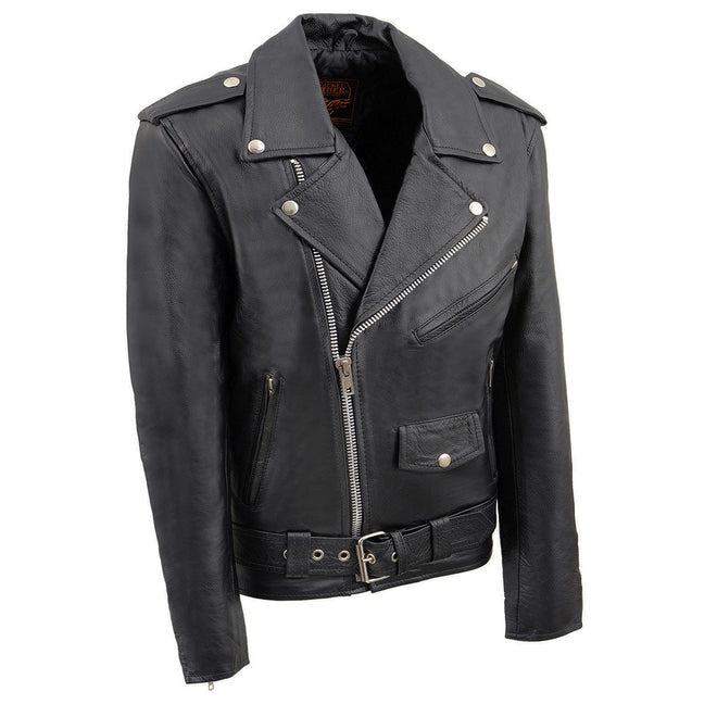 Black Milwaukee Leather youth biker leather jacket with classic style, featuring police-inspired design and durable construction.